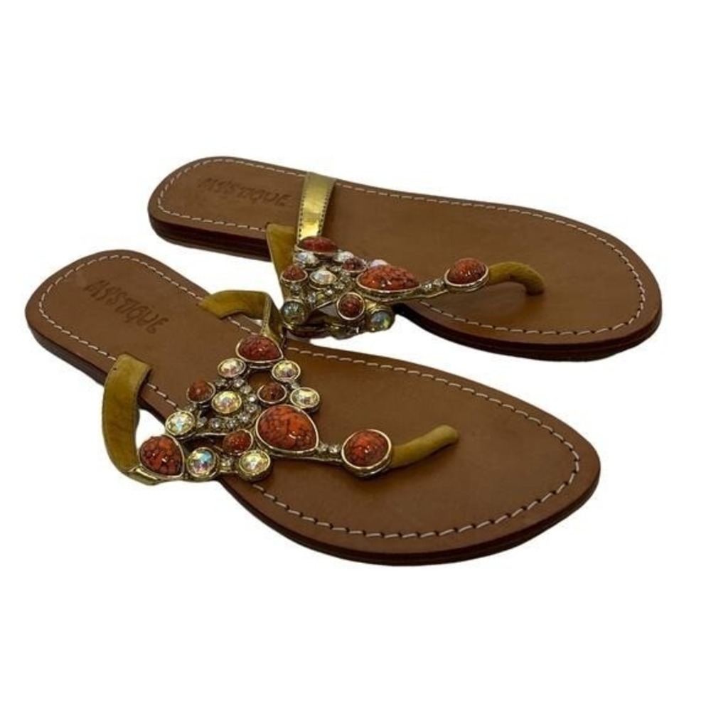 Mystique Gold Leather Jeweled Thong Sandals Orange Faux Turquoise Crystal Flat - Picture 3 of 11